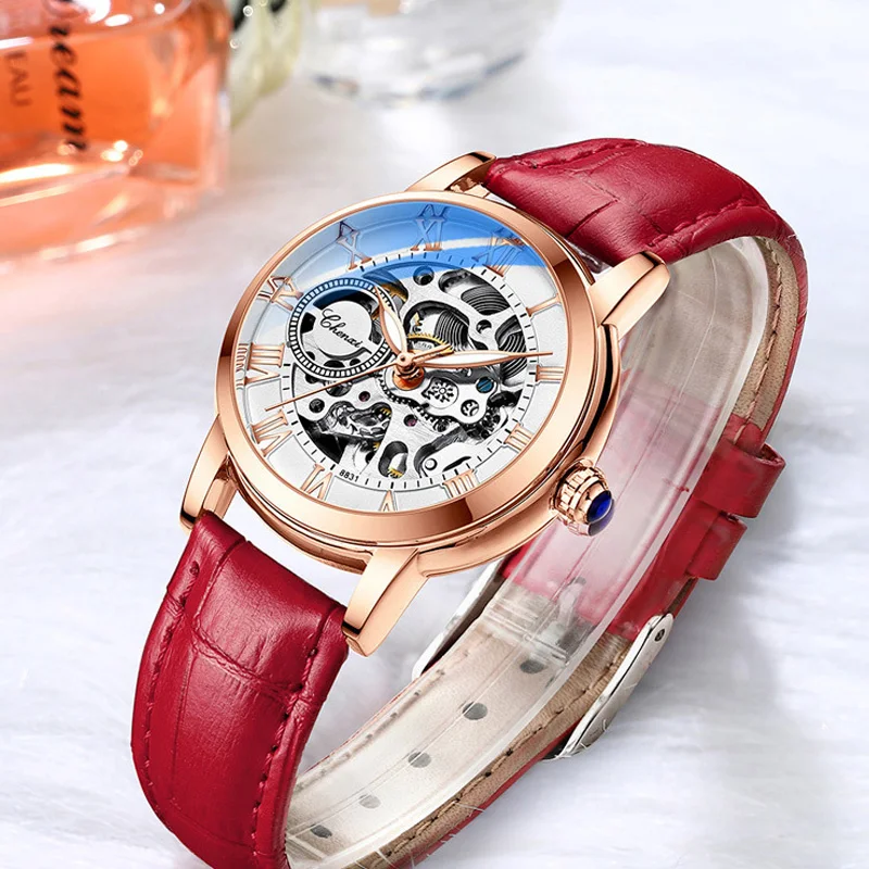 Moda Feminina Relógio Mecânico Automático Feminino Presente de Aniversário Casual Vestido Relógios Femininos Buraco Dial Plate Design Pulseira de Couro - Image 4