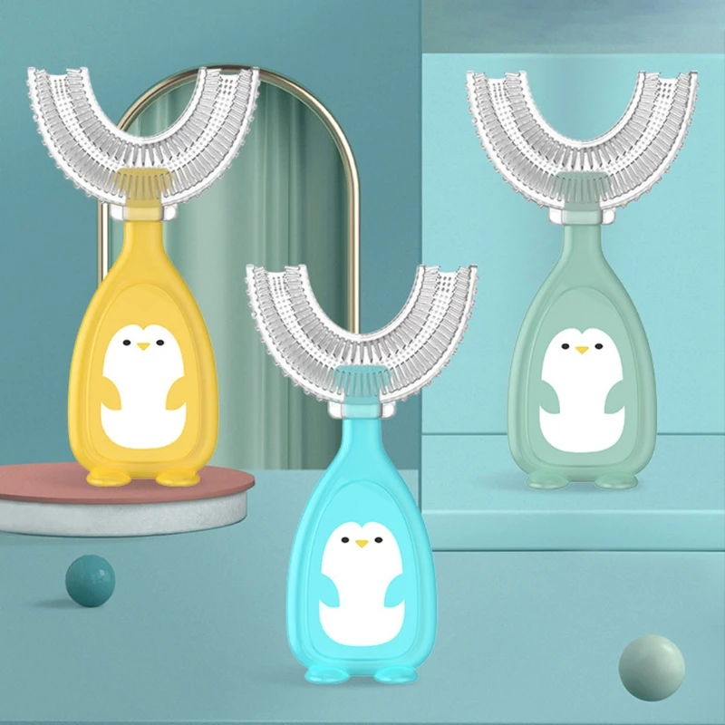 Cartoon Penguin Baby Children Manual Toothbrush 360 Degree U-shaped Toothbrush Teether Soft Silicone Baby Teeth Brush