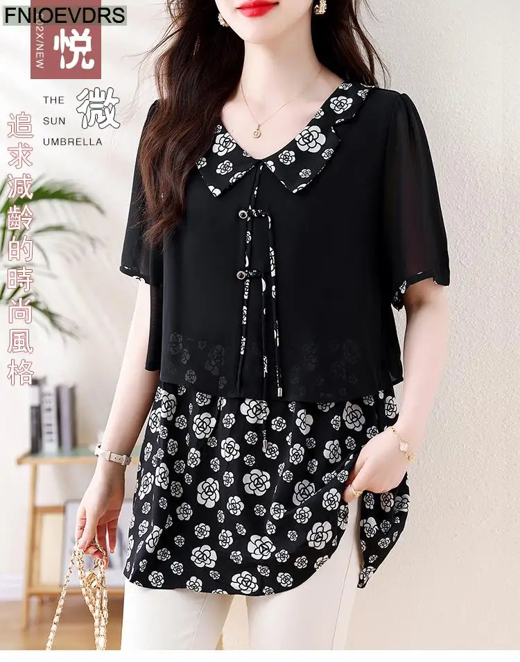 L-5XL Loose Clothes 2024 Women Summer Short Sleeve Elegant Ruffles Shirts Casual Retro Floral Tunic Peplum Tops And Blouses