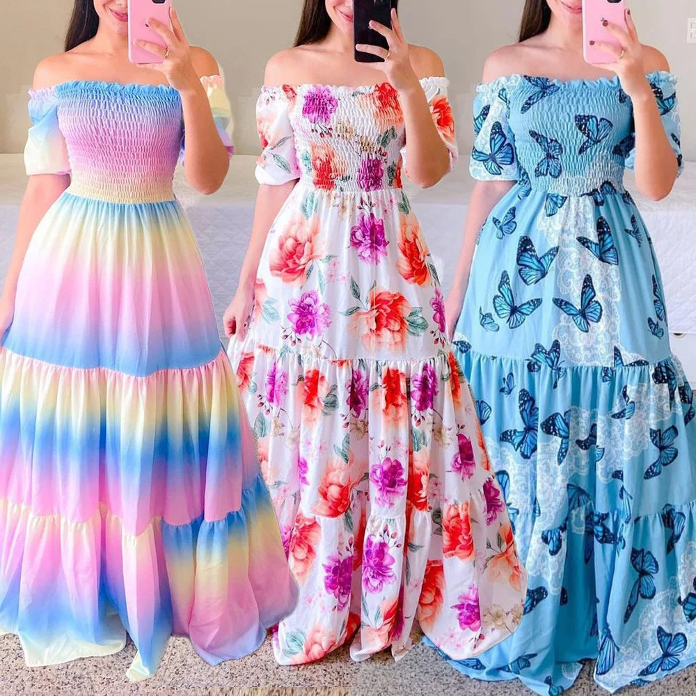 

2024 Summer New Women's Long Skirt One Word Neck Print Large Swing Tube Top Dress
