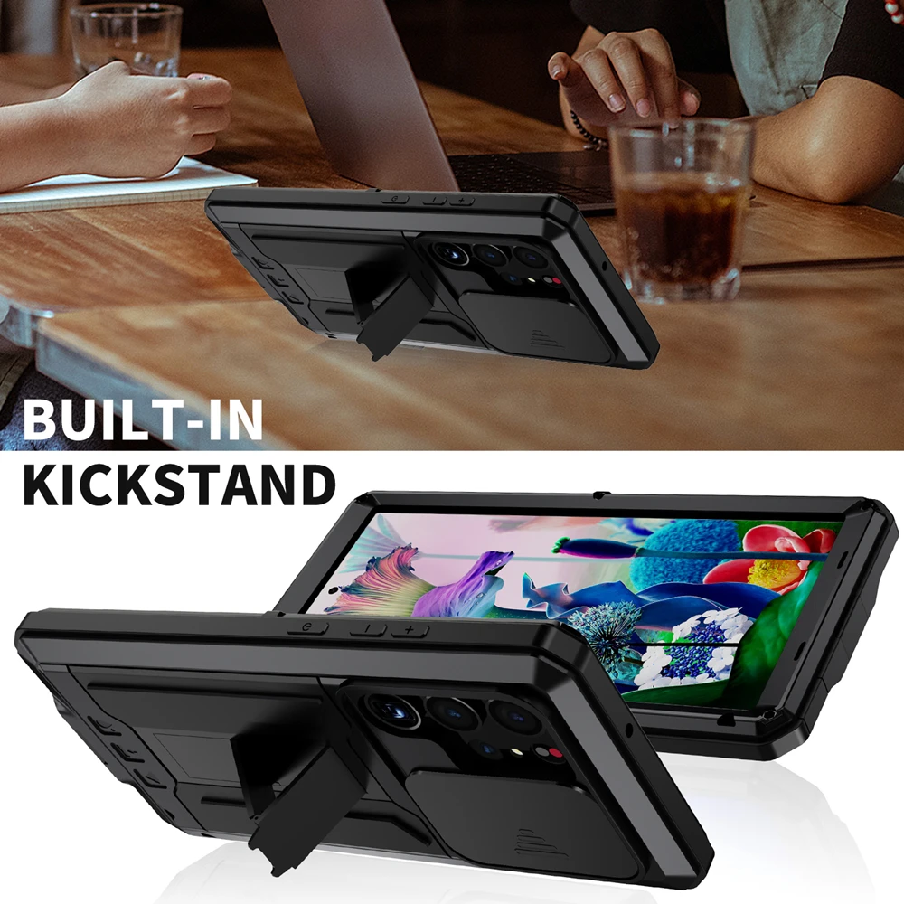 Heavy Duty Shockproof Metal Aluminum Case with Built-in Kickstand and Glass Cover