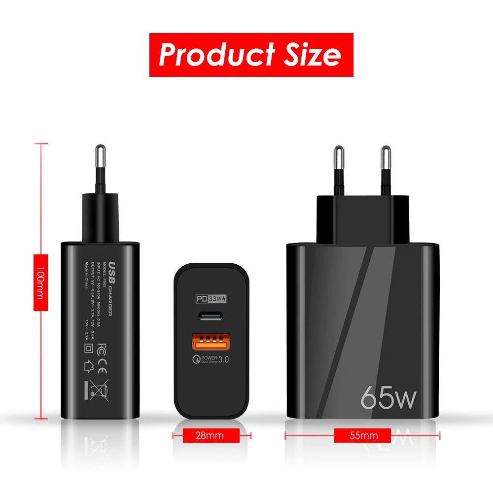 65W Fast Charging USB Type C Charger QC3.0 2 Port  For iPhone 14 13 Pro Huawei Xiaomi Samsung EU/US Plug Wall Charger Adapter