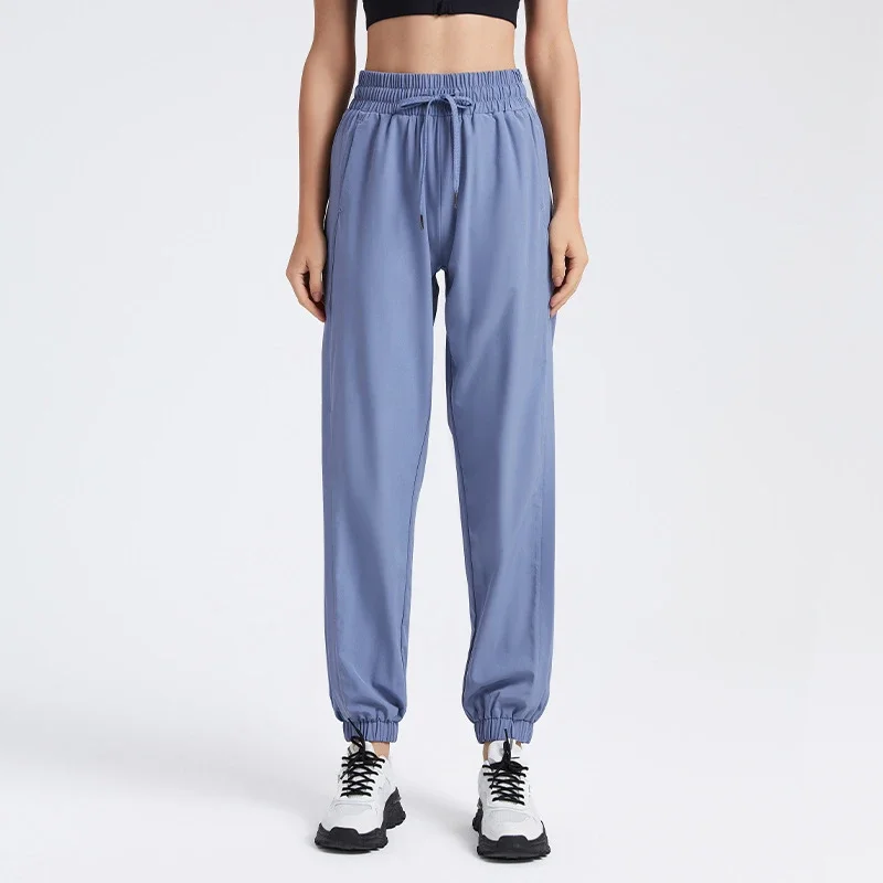 Calças de yoga de cintura elástica para mulheres calças de treino de ajuste solto perna larga fechamento de cordão elástico cintura alta jogging jogger