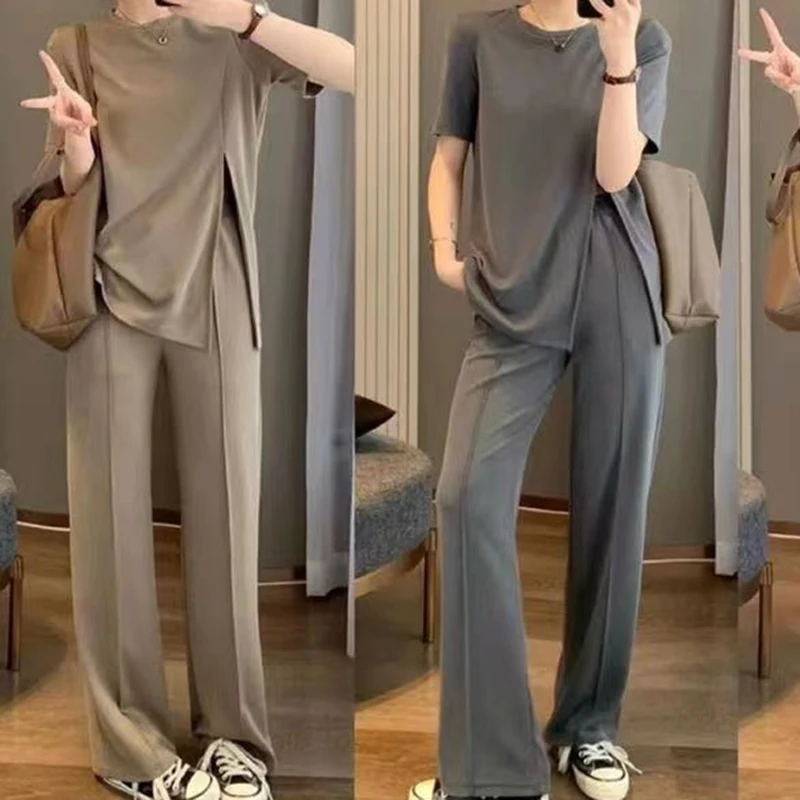 Ice silk wide-leg pants suit women's summer Korean fashion plus size loose design split short-sleeved top pants.