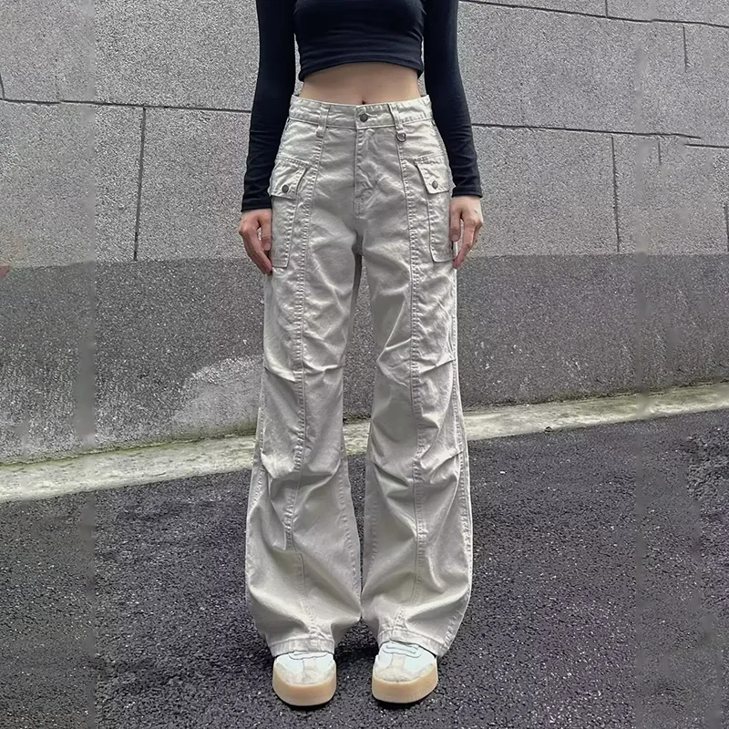 Multi-Pocket Casual Pants Female Straight Cargo Trousers Spring Summer Versatile Solid Color Pants Trendy High Street Trousers
