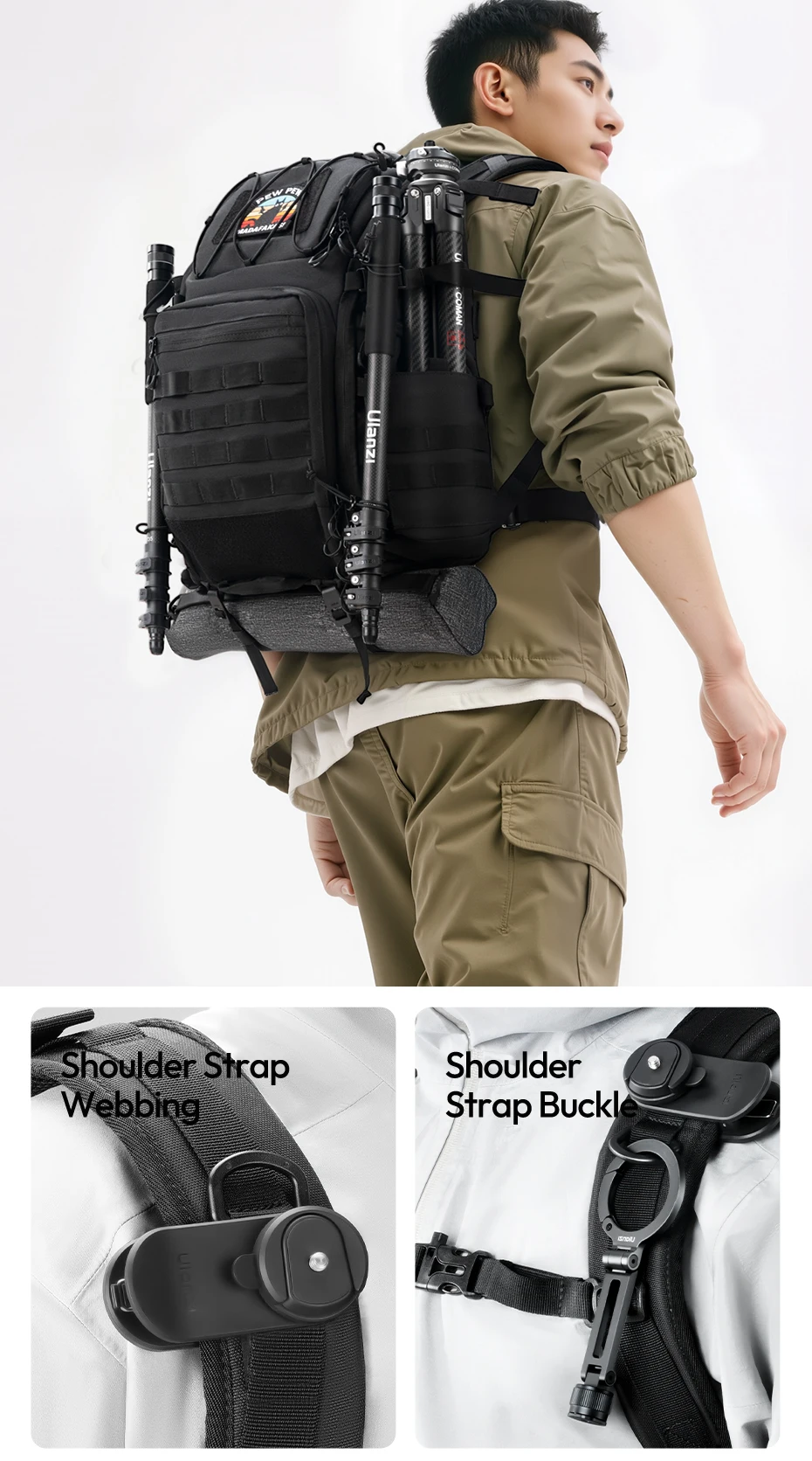 Tactical Camera Backpack 28L with Side Pockets Dividers U-Shaped Opening Foldabl