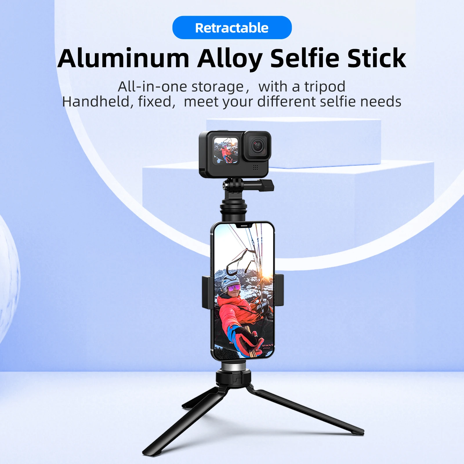 Perche aluminium téléscopique Selfie bleu pour smartphones, GoPro