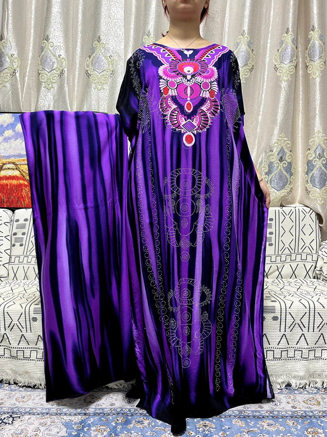 Muslim Cortton Abays For Women Prayer Garment Appliques Diamonds Loose Femme Robe African Nigeria With Shawl Scarf 170x60cm