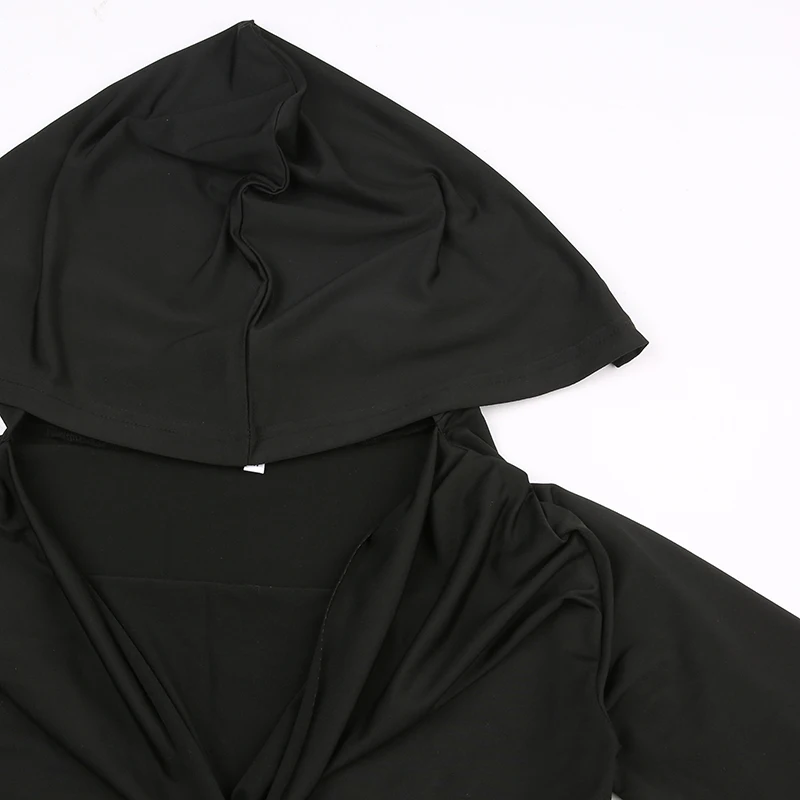 Basic Slim Fit Hooded Crop Top Elastic Long Sleeve Women Black Casual T-shirt Casual Swinging Collar Hoodies Pullover