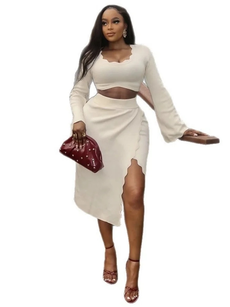 Wmstar Two Piece Set Women Wholesale Stock Cross Border 2025 Autumn New Style Fresh Flared Sleeve Slim Solid Color Slit Suit