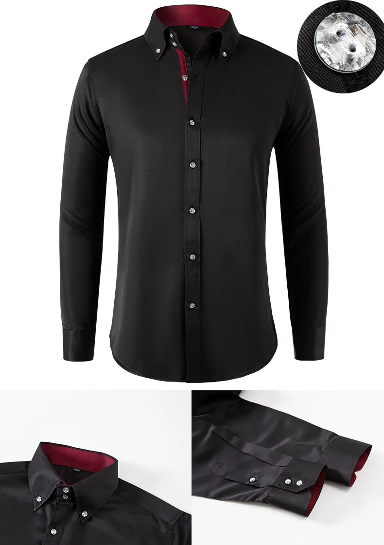 Solid color shirt men's crystal button long sleeved pointed collar light luxury men's business casual men's wear