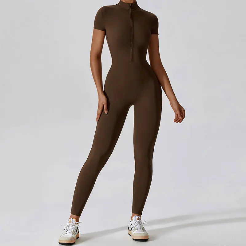 Summer Short Sleeved Zippering One-Piece Yoga Suit Dance Fitness Workout Set
