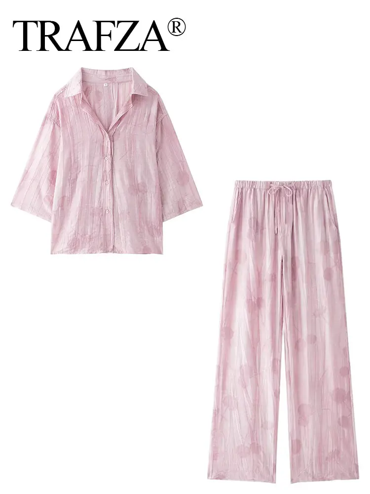 HH Casual Jacquard Shirt Pants Suit Women Lapel Half Sleeve Button Shirts Wide Leg Pant Suits Female Summer Streetwear Set