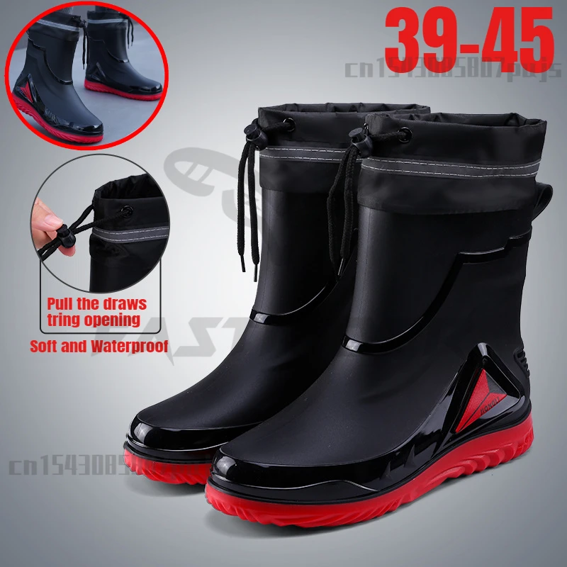 Rain Shoes Men's Drawstring New Waterproof Shoes Outdoor Waterpoor Boots Fishing Anti Slip Work Rubber Rain Boots