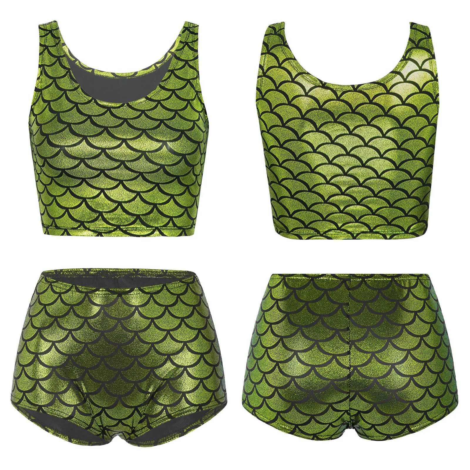 Damen Metallic Meerjungfrauen-Fischschuppen-Bikini Badeanzug Ärmelloses Crop-Top Shorts Zweiteiliger Badeanzug Strand Pool Schwimmanzug – Detail 9