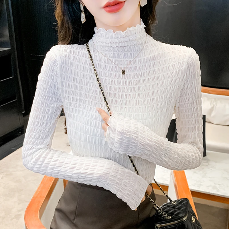 

2023 Turtleneck Fashion Pleated Lace Women Blouse Autumn Slim Long Sleeve Simple Shirts Woman Casual Elegant Tops Blusas 29522