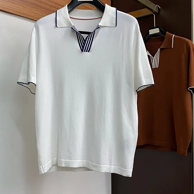 Italian men's summer new solid color business casual men's lapel knit short-sleeved POLO shirt 3