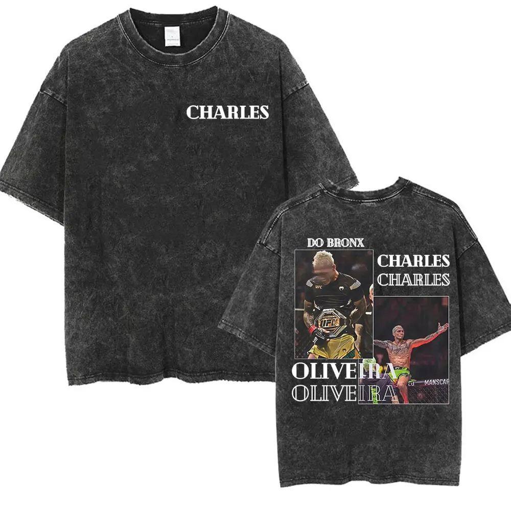 Charles Oliveira Do Bronx Fan-Geschenk T-Shirts Herrenbekleidung Mode Gewaschenes Vintage T-Shirt Herren Lässiges O-Neck Kurzarm-T-Shirt