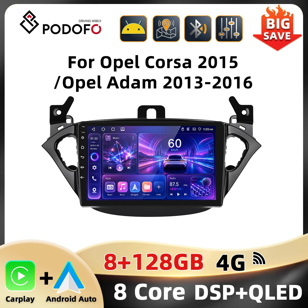 Podofo Radio para Auto 8 Núcleos 8+128G 4G para Opel Corsa 2015/Opel Adam 2013-2016 Autoradio WIFI GPS Navegación DAB AM FM RDS Carplay Android Auto Reproductor Multimedia 1