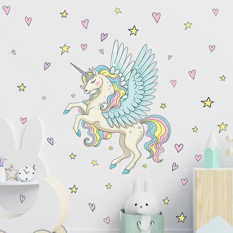 Cartoon Heart Rainbow Unicorn Wall Stickers For Kids Room Decor Girl Baby Room Nursery Living Bedroom Decoration Wall Decal wall stickers wall sticker home decoration accessories
