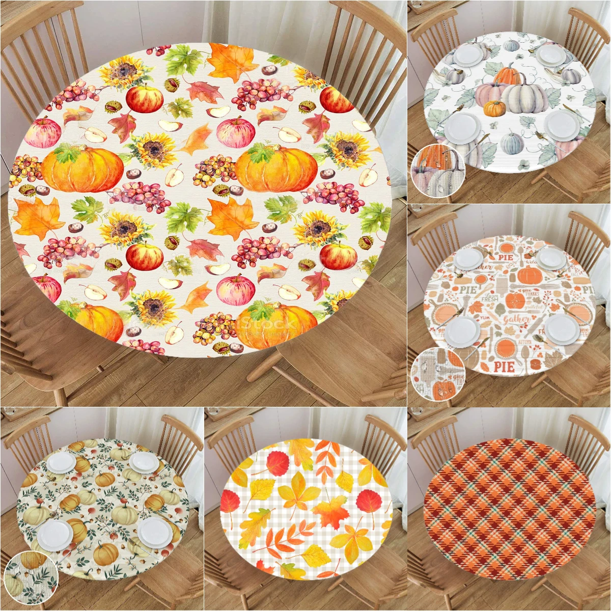 

Fall Pumpink Round Tableclothes Thanksgiving Elastic Fitted Edge Table Cloth Maple Leaves Waterproof Polyester Party Table Cover