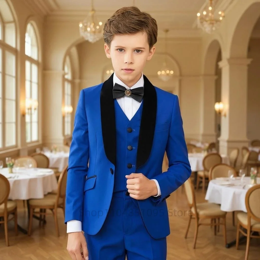 Blue Flower Boys Suits Dress Set Children Wedding Party Birthday Gift Elegant Gentleman Tuxedo Shawl Lapel Jacket+Vest+Pants