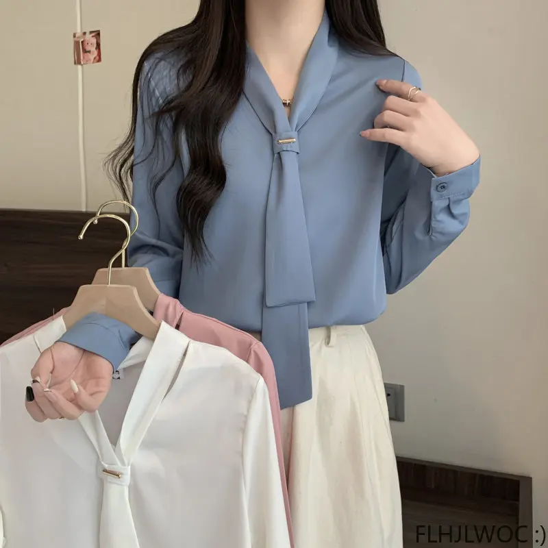 Bow Tie Tops 2023 Women Korean Style Design Clothes Long