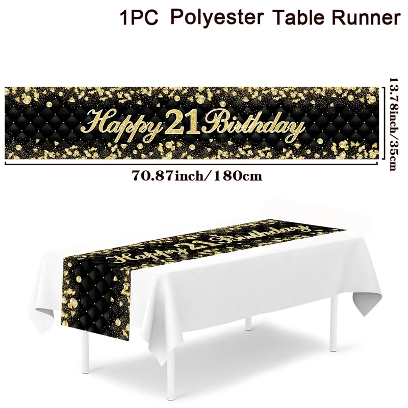 PIWOSGOL 2 Pièces Chemin De Table D'anniversaire, Noir Et Blanc Chemin De Table Joyeux Anniversaire, Lin Chemin De Table, Décoration Table Pour Fête D'anniversaire Filles, Garçons 180 X 33 Cm
