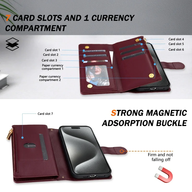 Compact Fragrance Leather Wallet Phone Case with Card Slots and Strap Cover