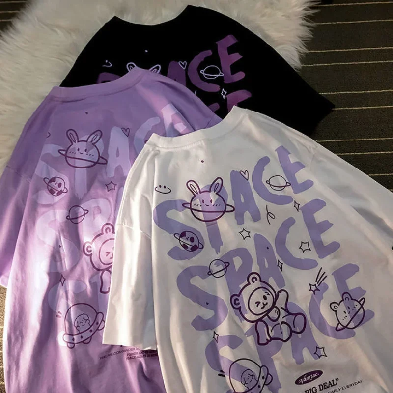 

Oversized T Shirts Space Bear Graffiti Print T-shirt Women Harajuku Short Sleeve Retro Tee Shirts Female Summer Clothes Tops