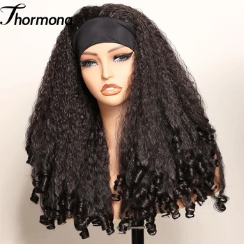 Yaki Headband Afro Curly Wigs Synthetic Kinky Straight with Curly Ends Glueless No Leave Out Clip in Half Yaki Straight Wigs 1