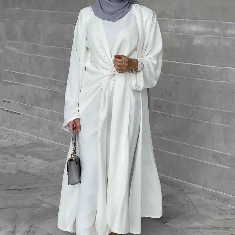 Eid 2 Piece Matching Muslim Sets Open Abaya Kimono Hijab Dress Abayas for Women Dubai Turkey Pearl Wrap Dresses Islamic Clothing