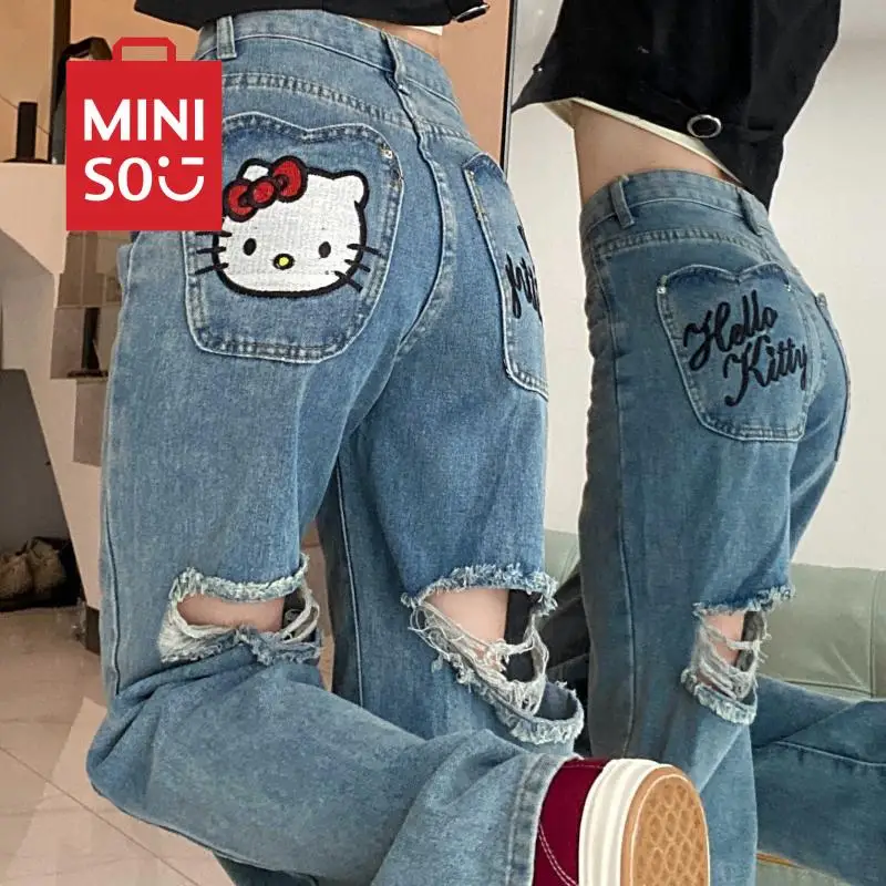 

Hello Kitty Jeans Kawaii Sanrio Miniso Cute Anime Toy Y2K Spicy Girl Embroidered Perforated Jeans Spring Versatile Loose Pants