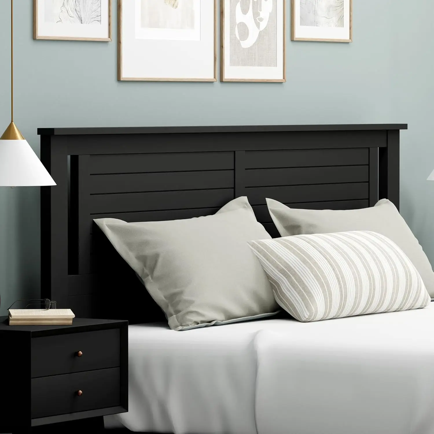 Serene Poplar Wood King Headboard, Modern Farmhouse Panel with Horizontal Scoring, King Size Headboard in Black, Casual Coastal