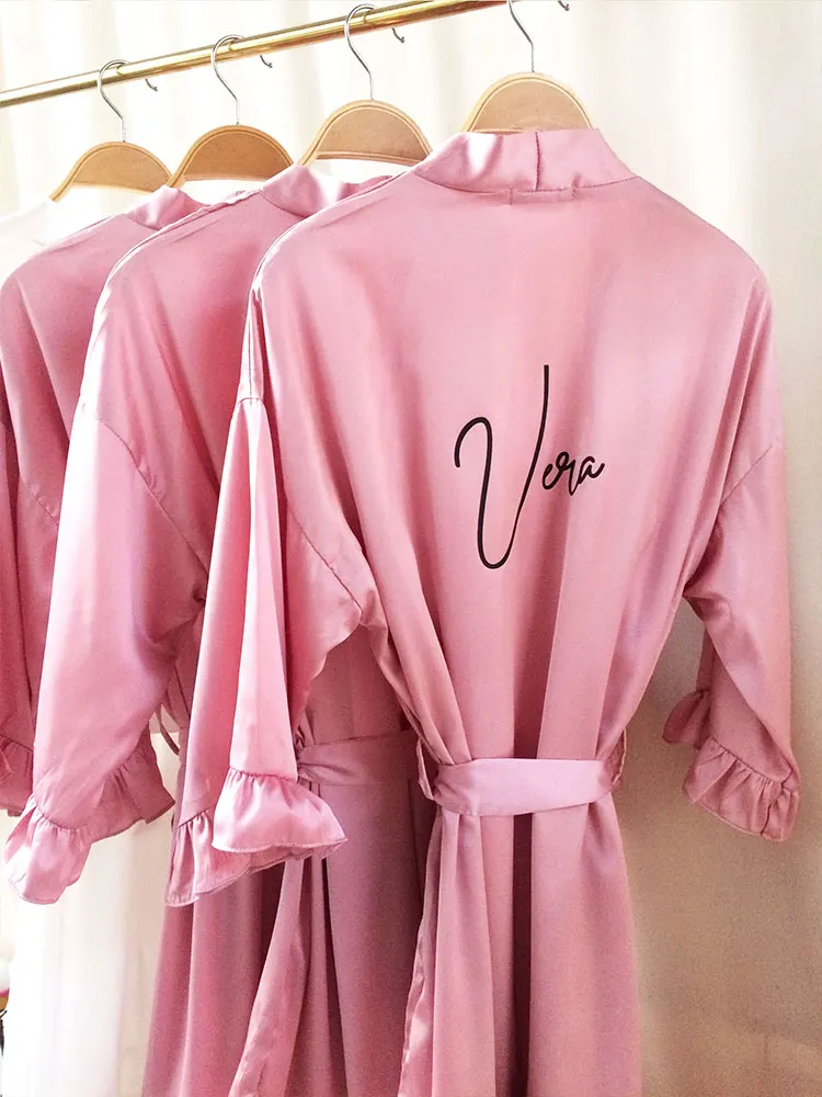 Dark Rose Satin Kimono Personalized Robe with Name for the Wedding Gown Custom Bachelorette Party Ruffle Silk Gown of Bridesmaid