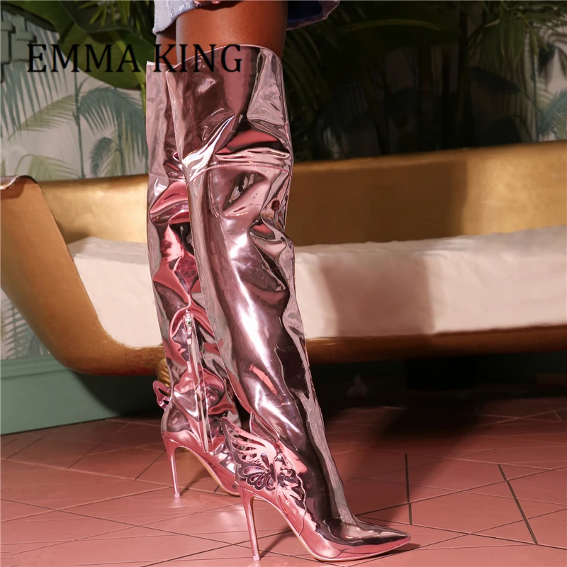 

Women Metallic Leather Over The Knee High Boots Sexy Pointed Toe Stiletto Thigh High Boots Side Zipper Big Size Shoes For Women