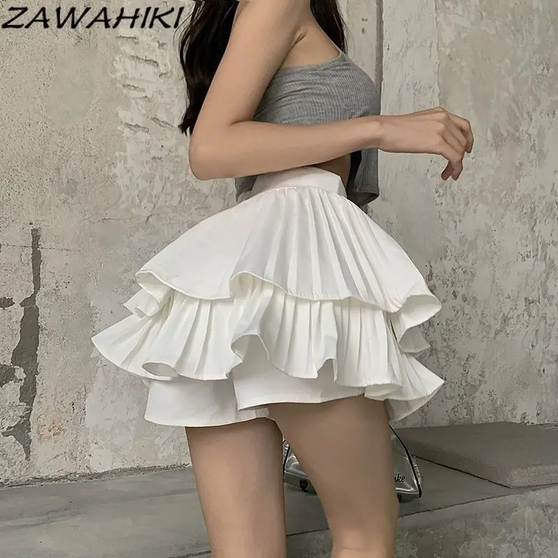 

ZAWAHIKI Spring Fall Tierred Pleated Solid Color All Match Short Skirt Women High Waist A-line Japanese Sweet Kpop Faldas Mujer