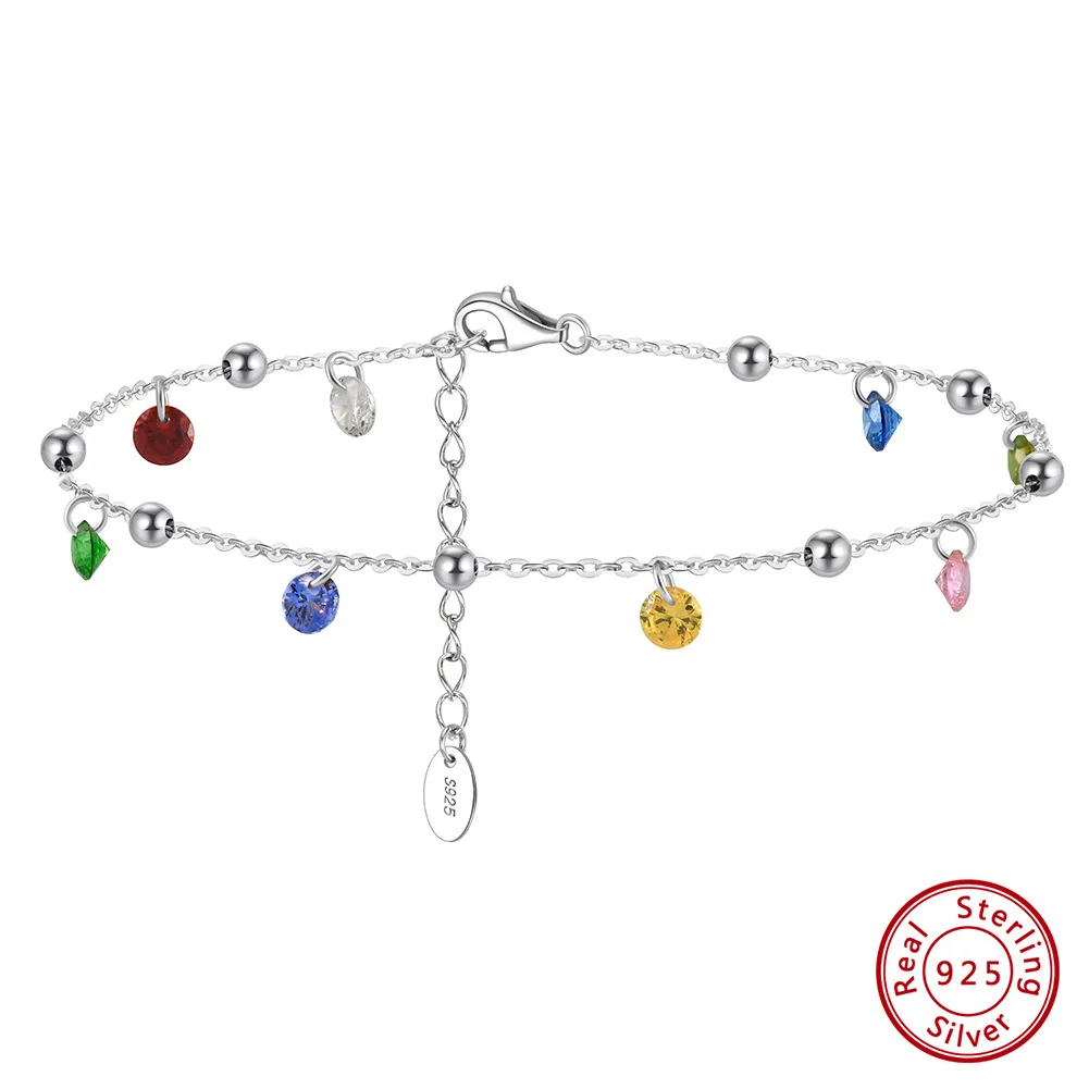 Anklet Bracelets Silver Anklets Ankle Chain 925 Sterling Silver Zircon Geometric for Women Girl Colored Round Fine Chain Design Party Gift