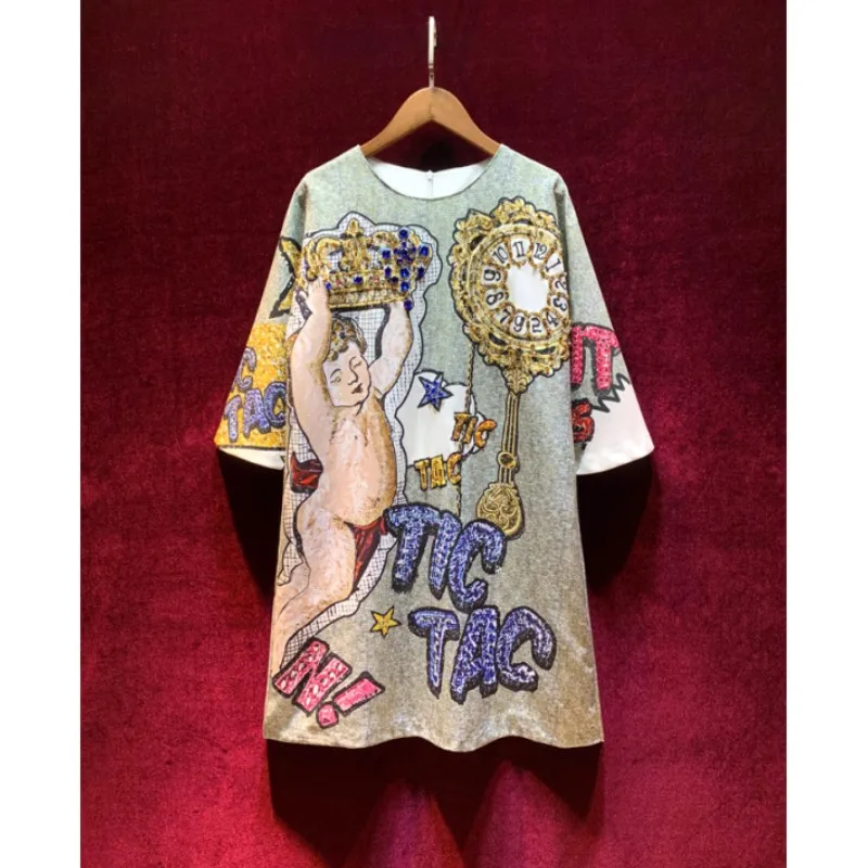 

2024 Fashion retro print beaded loose round collar dress