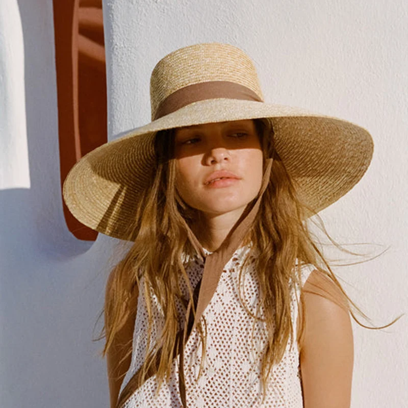 New Desige Large Brim Beach Hats For Women Floppy Summer Sun Hats With Neck Strap Vacation Oversized Sunshade Hat Foldable 2