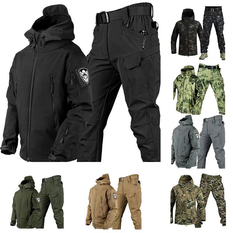 

Camouflage Outdoor Jackets Pants Set Men Tactical Military Camo Large Size Jacket Shark Skin Soft Thickened Warmth Coat Trousers