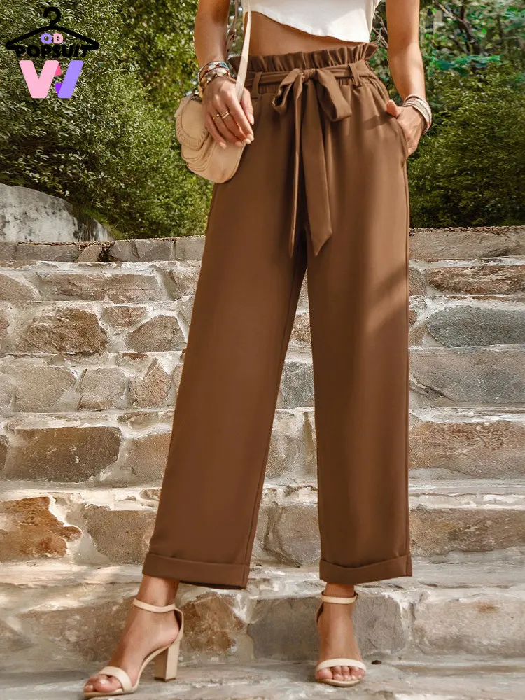 

New Women's Pants Full Length High Waist Drawstring Pockets Solid Straight Elegant Chic Office Ladies Style Cargo Women's Pants