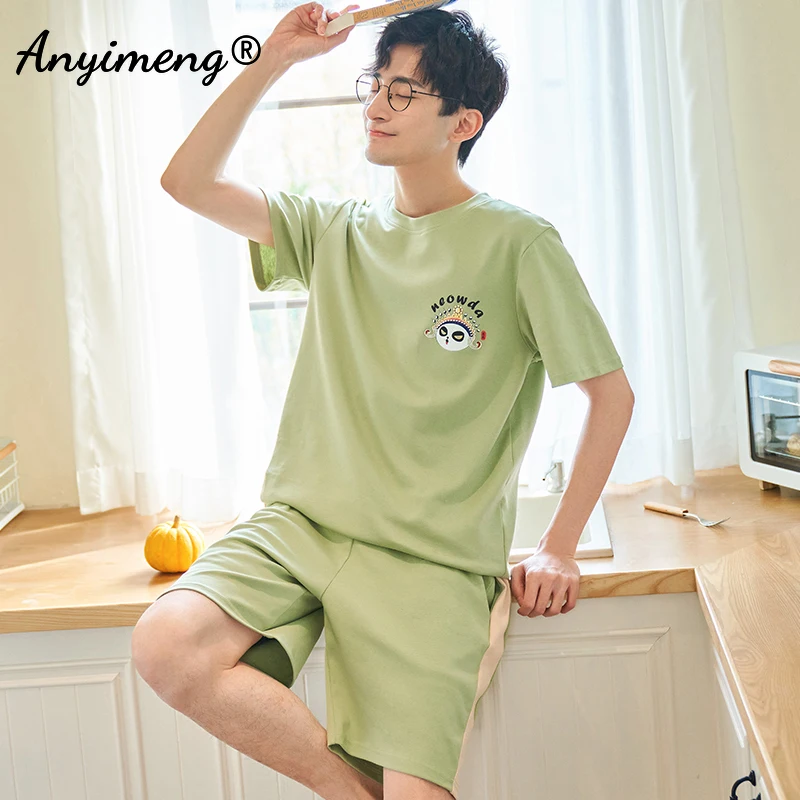 organic pyjamas 4XL Pajamas Set Cotton for Men Summer Shorts Home Suits Soft Casual Nightwear 3XL Pullover Cartoon Printing Fashion Pyjamas Man men's cotton pyjamas Pajama Sets