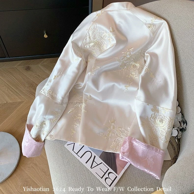 Chinese Style Tang Suit Top Embroidered Satin Stand Collar Jacket Women Spring Retro Zen Thin Top