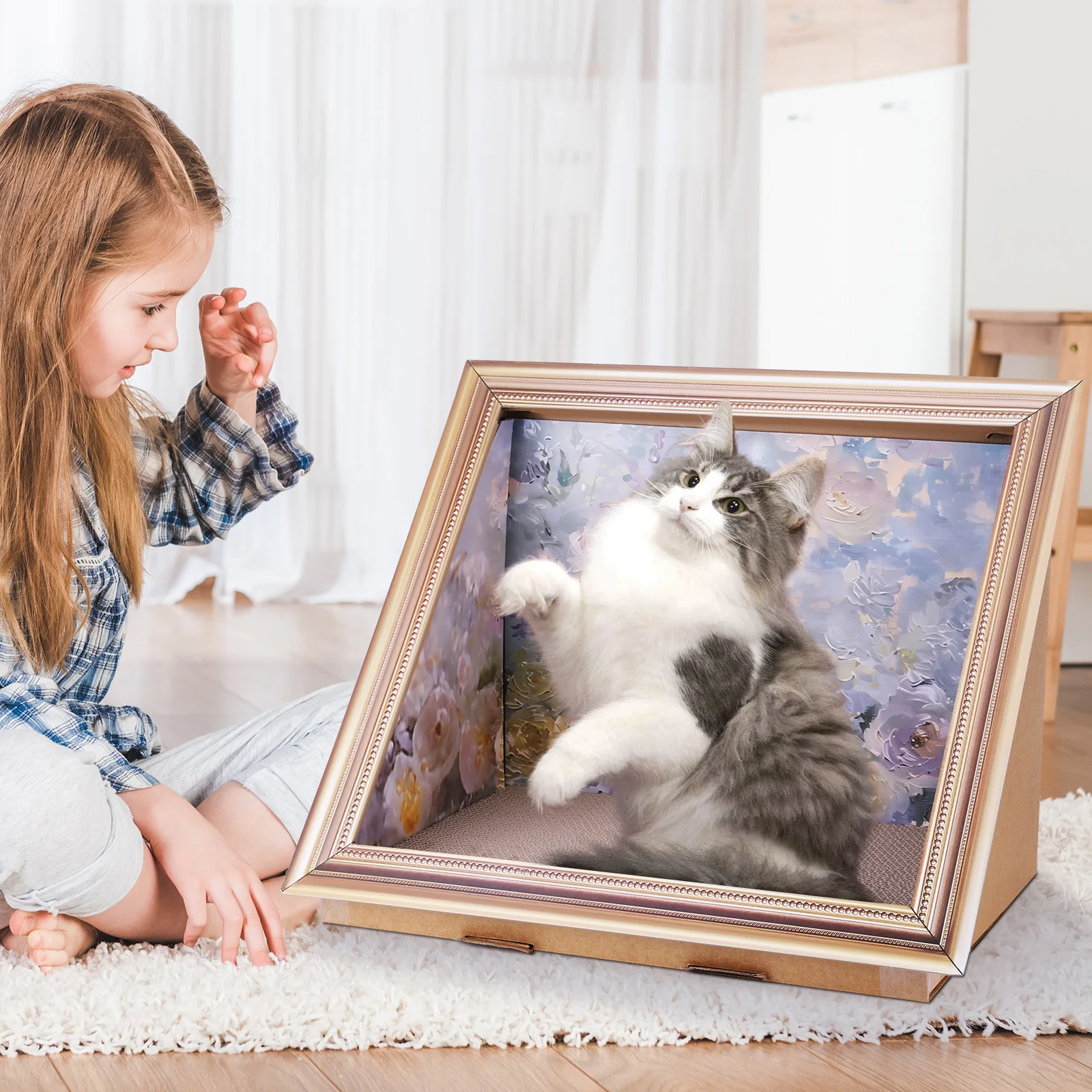 Cat Living in 3D Oil Painting Cat House with Scratcher Vintage Art Picture Frame Cardboard Creative Home Bedroom Decoration