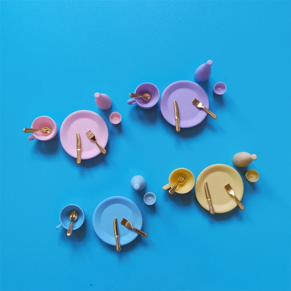 1Set 1/12 1/6 Scale Dollhouse Miniature Cute Plate Cup Soup Bowl Spoon Knife Fork Bottle Decorations Dollhouse Mini Accessories