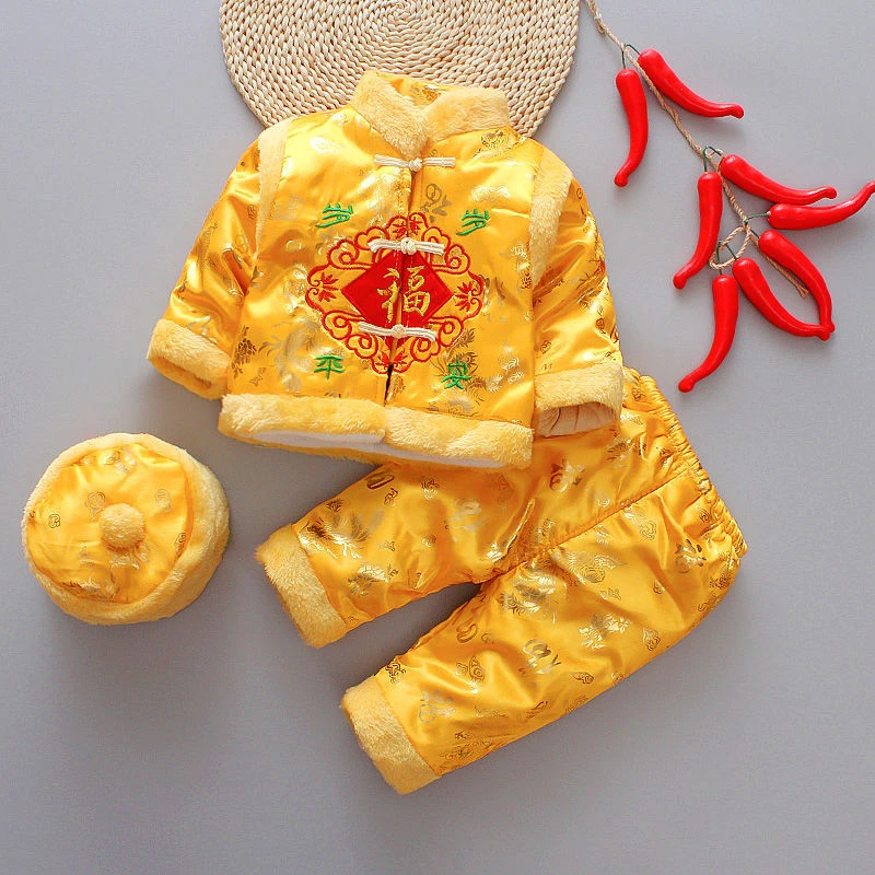 Baby New Year Tang Suit 3Pcs Chinese Traditional Kids Anniversary Costumes 10Colors Cotton Boys Girls Winter Warm chinese traditional costume