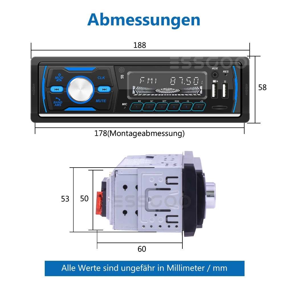 Автомагнитола ESSGOO 1 Din с MP3-плеером, Авторадио DAB + RDS AM FM стерео радио 7 цветов с кнопкой Bluetooth центральный мультимедийный автомобильный аудио (art.: 3920bcaebd882) - 3920bcaebd882