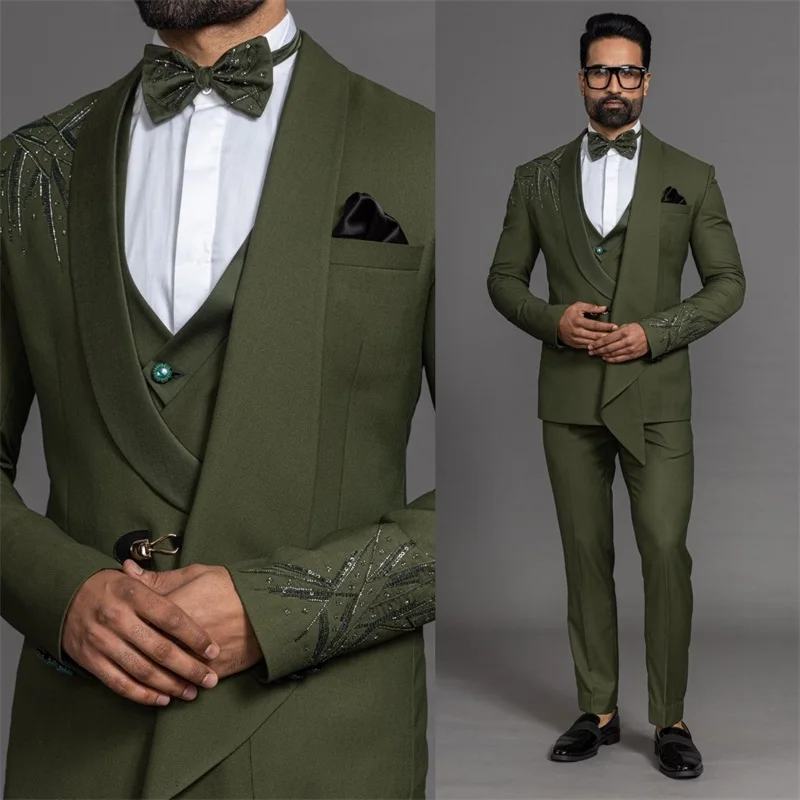 3 Pieces Sequins Men Office Suits Set For Wedding Oliver Green Formal Beads Groom Tuxedo Business Jacket+Pants+Vest Made