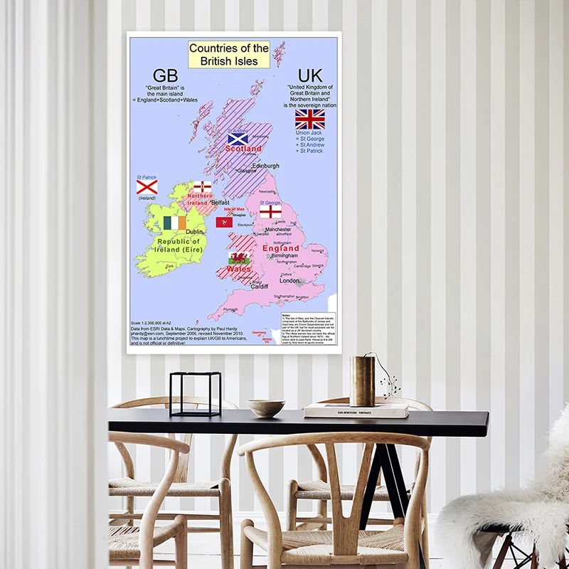 Non-woven Fabric 100x70cm Vertical Version Spray British Map In English Artistic Background Wall Chart Home Decor Room Supplies